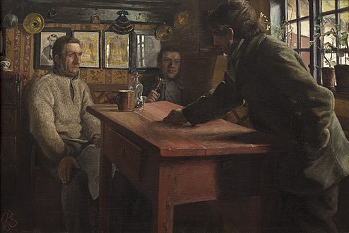 Politisk diskussion. Abenæs ved Gaunø, 1885