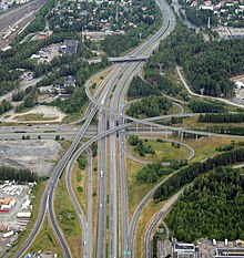 An aerial view of the Lakalaiva interchange in the Tampere Ring Road between the Highway 3 (E12) and Highway 9 (E63) near city of Tampere Lakalaivan eritasoliittyma 1.jpg