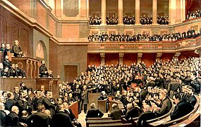 Incident de séance entre monarchistes et républicains lors de la séance du 16 juin 1877 de la Chambre des députés qui siégeait à Versailles, dans la salle aujourd’hui affectée au Congrès (Le Libérateur du Territoire de Jules-Arsène Garnier)[2].