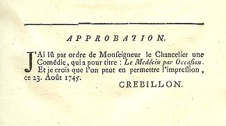 A censor's approval in a play printed in Paris in 1746, De Boissy's Le Medecin par Occasion