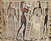 Col du loutrophore Analatos, protoattique ancien, v. 690. Danse en chaîne de garçons nus et de filles en péplos, tenant des rameaux. Joueur d'aulos. Louvre [146]