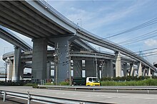 伊勢湾岸道路は愛知県など地元の強い要請によって建設された[297]。このため国は、建設の見返りに費用負担など強い地元協力を要請した[298]。画像左は新宝ふ頭に建設された新宝高架橋で、橋脚部分や東海IC料金所関係施設を除いて、高架下や両端の県道用地の取得費用は愛知県負担となった[297]。画像右は名港潮見ICで、当該ICの建設費用は名古屋市と愛知県が全額負担のうえ、名古屋港管理組合が建設した[299]。