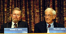 The charge-coupled device was invented by George E. Smith and Willard Boyle. Nobel Prize 2009-Press Conference KVA-19.jpg