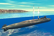 Artist's concept of an Ohio-class SSGN launching Tomahawk Land Attack Missiles Ohio-class submarine launches Tomahawk Cruise missiles (artist concept).jpg