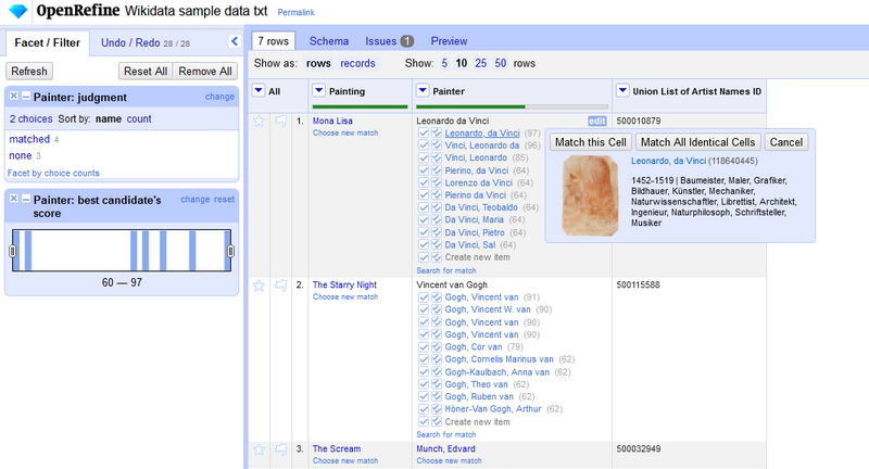 Screenshot of OpenRefine interface during reconciliation process
