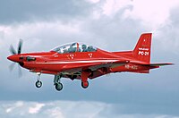 The demonstrator for the Swiss designed and manufactured Pilatus PC-21 trainer lands at RIAT 2008, England.