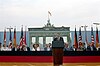 U.S. President Ronald Reagan speaking in front of the Brandenburg Gate at the Berlin Wall