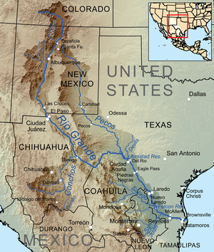 Kort over Rio Grandes afvandingsområde, der viser Pecos River som løber gennem det østlige New Mexico og det vestlige Texas, og løber sammen med Rio Grande nær Del Rio.