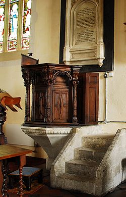 17th-century pulpit, where Colonel Boles was said to have been killed during the Battle of Alton St Lawrence pulpit.jpg