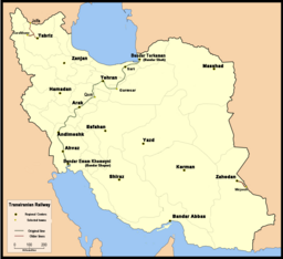 Trasa Transíránské železnice na mapě Íránu