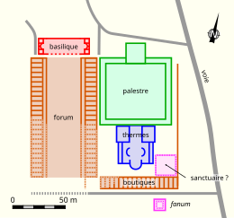 Plan en couleurs de monuments antique mitoyens.