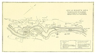 Нарисованная от руки карта реки с городом-крепостью слева