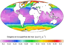 El mapamundi señala que el oxígeno de la superficie marina se reduce en torno al ecuador y se incrementa cerca de los polos.