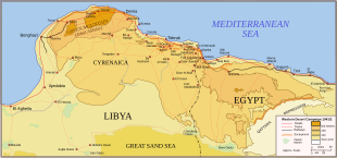 Topographic map of north east Libya (Cyrenaica) and north west Egypt. To the south lies the Great Sand Sea and the Qattara Depression; to the north, the Mediterranean Sea. The area in between is dominated by the high ground close the coast. The highest is the Jebel Akhdar in northern Cyrenaica between Benghazi in the east and Derna in the north, about 150 km away. Tobruk lies about another 150 km further east. Bardia lies another 110 km further east still, still in Cyrenaica but close to the border with Egypt. All are coastal towns. Roads and railways generally follow the coast, and there are only tracks in the interior.