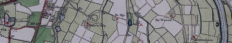 'Huis te Wilp' en omgeving anno 1832. v.l.n.r. (v. west n. oost): Kasteel de Lathmer, dorpskern Wilp, met rechts twee kolken[9], Huize Wilp met restanten van slotgracht, boomsingel ter plaatse van de voormalige strang, boerderij De Oye, IJssel.