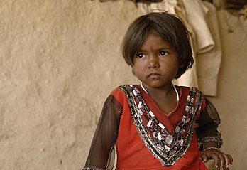 Menina indiana de uma tribo adivasi (Bhil), distrito de Raisen, Madhya Pradesh. (definição 3 779 × 2 592)