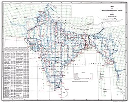 Index de la Great Trigonometrical Survey daté de 1922, indiquant les différentes chaînes de triangulation à travers le territoire indien. (définition réelle 5 560 × 4 448)