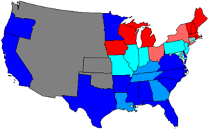 House seats by party holding plurality in state
80.1-100% Democratic
80.1-100% Republican
60.1-80% Democratic
60.1-80% Republican
Up to 60% Democratic
Up to 60% Republican 35 us house membership.png