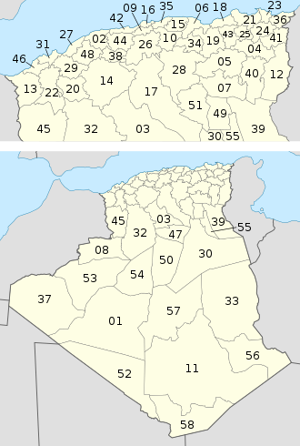 Alžírsko, správní divize 2019 (+ severní) - Nmbrs (geosort) - monochromatické.svg