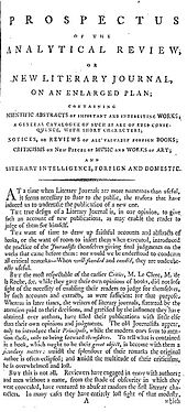 Page reads "Prospectus of the Analytical Review, or New Literary Journal, on an Enlarged Plan; Containing Scientific Abstracts of Important and Interesting Works; A General Catalogue of Such as are of Pres-Consequence, with short Characters; Notices, or Reviews of All Valuable Foreign Books; Criticisms on New Pieces of Music and Works of Art; and Literary Intelligence, Foreign and Domestic ..."