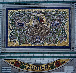 Mosaic which portrays summer as a woman, with a Byzantine Revival golden background, in Antwerp, Belgium