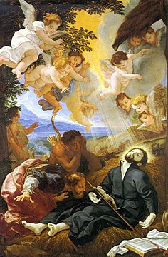 Der sterbende hl. Franz Xaver in Sancian, Öl auf Leinwand, 296 × 197 cm (Augustinerkirche San Venanzio, Ascoli Piceno)