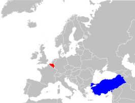 Kaart met daarop België en Turkije