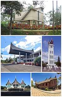 Clockwise from top: Fort de Kock, Jam Gadang, Rumah adat Baanjuang Museum, Town hall of Bukittinggi, Bung Hatta Library.