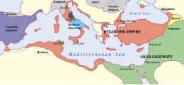 The Byzantine Empire after the Arabs conquered the provinces of Syria and Egypt - the same time the early Slavs settled in the Balkans Byzantiumby650AD.svg