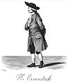 Representacion de Henry Cavendish que descurbiguèt egalament l'azòt d'un biais independent dins lo corrent deis ans 1770.