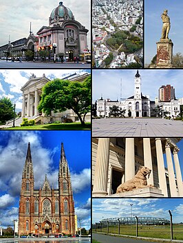 Een collage van La Plata Van linksboven naar rechtsonder: Estación del Ferrocarril Roca, Bovenzicht van Plaza Dardo Rocha, Het standbeeld van Garibaldi, Legislatura Provincia de Buenos Aires, Palacio Municipal, La Catedral de La Plata, Museo de Ciencias Naturales, Estadio Ciudad de La Plata