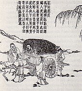 A Ming dynasty print drawing of Confucius on his way to the Zhou dynasty capital of Luoyang Confucius on his way to Luoyang.jpg