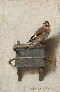 Romanens titel är hämtad från målningen med samma namn (Het puttertje) från 1654 av Carel Fabritius.[1]