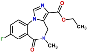 Chemical structure of the benzodiazepine flumazenil which contains a imidazole ring fused to positions one and two, a methyl group at position four, an exocylic carbonyl oxygen atom a position five, and a fluorine atom at position seven.