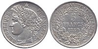 5 franků, Druhá republika 1850. Stříbro 900.