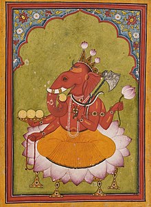 Attired in an orange dhoti, an elephant-headed man sits on a large lotus. His body is red in colour and he wears various golden necklaces and bracelets and a snake around his neck. On the three points of his crown, budding lotuses have been fixed. He holds in his two right hands the rosary (lower hand) and a cup filled with three modakas (round yellow sweets), a fourth modaka held by the curving trunk is just about to be tasted. In his two left hands, he holds a lotus in the upper hand and an axe in the lower one, with its handle leaning against his shoulder.