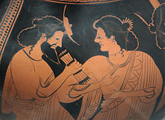 Hermes en Maia, detail van ’n Griekse rooifiguurpot uit c. 500 v.C.