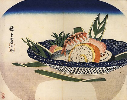 Укијо-е што го прикажува суши, од Хирошиге.