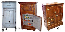 A. Norwegian icebox. The ice was placed in the drawer at top.
B. Typical Victorian icebox, of oak with tin or zinc shelving and door lining.
C. An oak cabinet icebox that would be found in well-to-do homes. Iceboxes.jpg