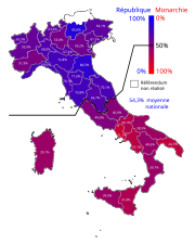 Carte de l'Italie montrant les résultats du référendum de 1946