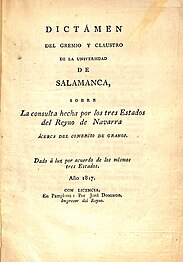 Impreso encargado por las Cortes del Reino de Navarra (1817)