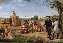 Washington the farmer is shown standing on his plantation talking to an overseer as children play and slaves work. Work is by Junius Stearns.
