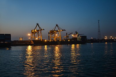Chittagong in Bangladesh hosts the busiest seaport in the region, handling over 2.2 million TEUs in 2016 Karnaphuli River at night (01).jpg