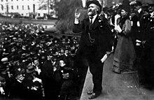 Keir Hardie a founder of the Labour Party, speaking to trade unionist workers at Trafalgar Square, 1908 Keir Hardie, Trafalgar Square, 1908.jpg