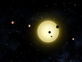 Artistieke impressie van een gelijktijdige overgang van drie planeten vóór Kepler-11, waargenomen door Kepler 26/08/2010.