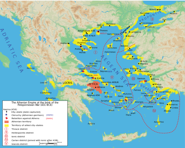 Liga de la Delos  în glaben, teritoriul atenian în roșu în 431 î.Hr., înainte de Războiul peloponesiac.