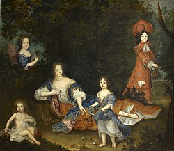 La Marquise de Montespan avec ses enfants : Louis-Auguste (duc de Maine; en rouge), Mademoiselle de Tours, Mademoiselle de Nantes, et Louis-César (comte de Vexin; assis nu en bas?)