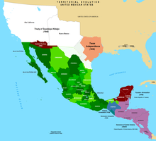 The Territorial evolution of Mexico after independence, noting losses to the US (red, white and orange) and the secession of Central America (purple) Mexico's Territorial Evolution.png