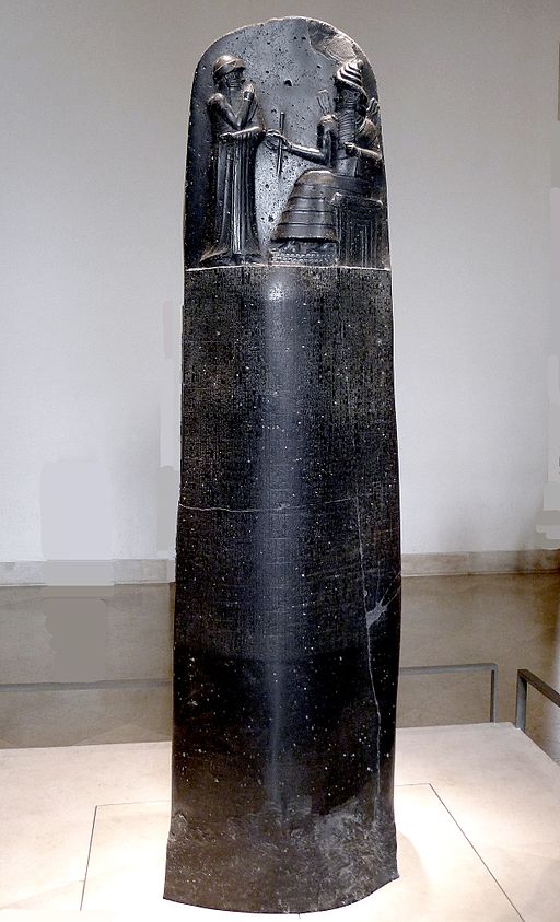 Photograph. a stele of the code of Hammurabi in a Louvre Museum in Paris