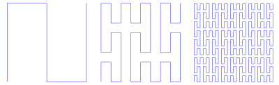 Three iterations of a Peano curve construction, whose limit is a space-filling curve. The Peano curve is studied in continuum theory, a branch of general topology. Peanocurve.svg